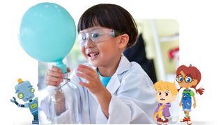 Kide science experiment with a balloon and a boy in a white lab coat