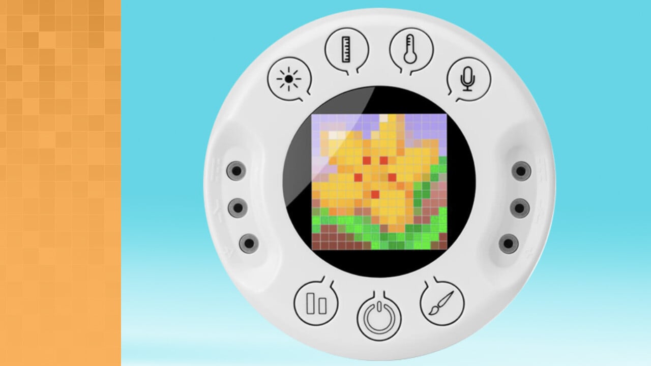 Xploris face with buttons (clockwise from top) for light, distance and temperature measurement, microphone button, art button, power button and pause button. On a sixteen by sixteen LED screen is a pixelated flower.