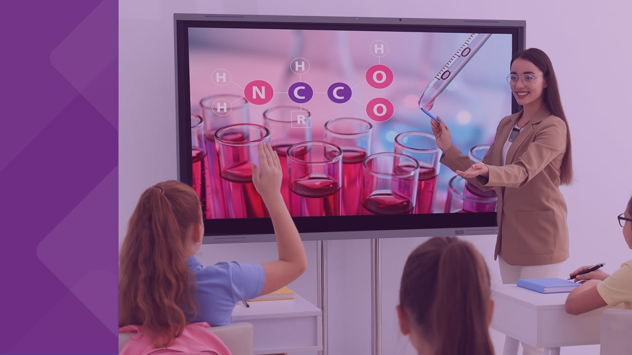 Teacher in front of Boxlight interactive screen, pointing to website image showing chemical bonds and glass beakers. A student raises her hand to participate in the class discussion.