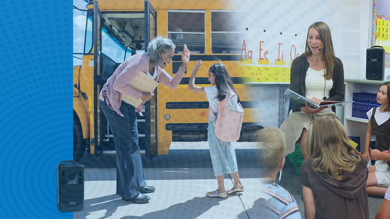 The image on the left shows the school principal giving a high five to a student boarding a school bus. A Lyrik portable audio system is nearby to assist students waiting to listen to instructions. The image on the right shows a teacher reading aloud to young students sitting on the carpet. On a nearby shelf is a Lyrik portable audio system.