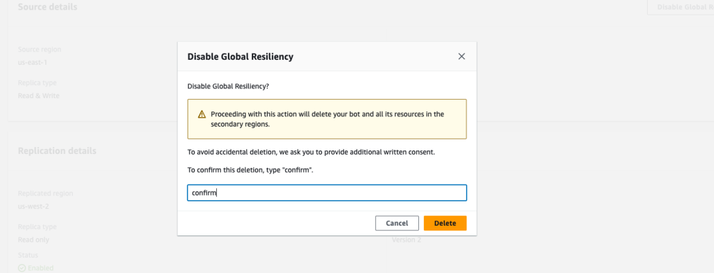 Confirm Disable Global Resiliency