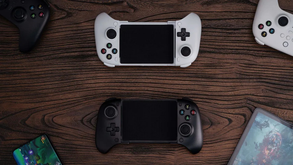 Product photo of two versions of the 8Bitdo Ultimate mobile gaming controller (black and white), arranged vertically in a mirror-like orientation.