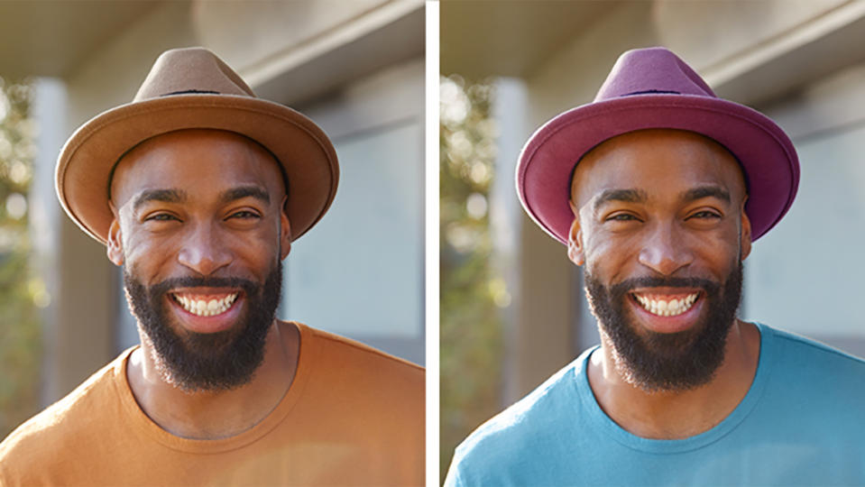 Two panels showing Adobe's Photoshop Elements color replacement. A person with a hat and t-shirt, with different colors in each frame.