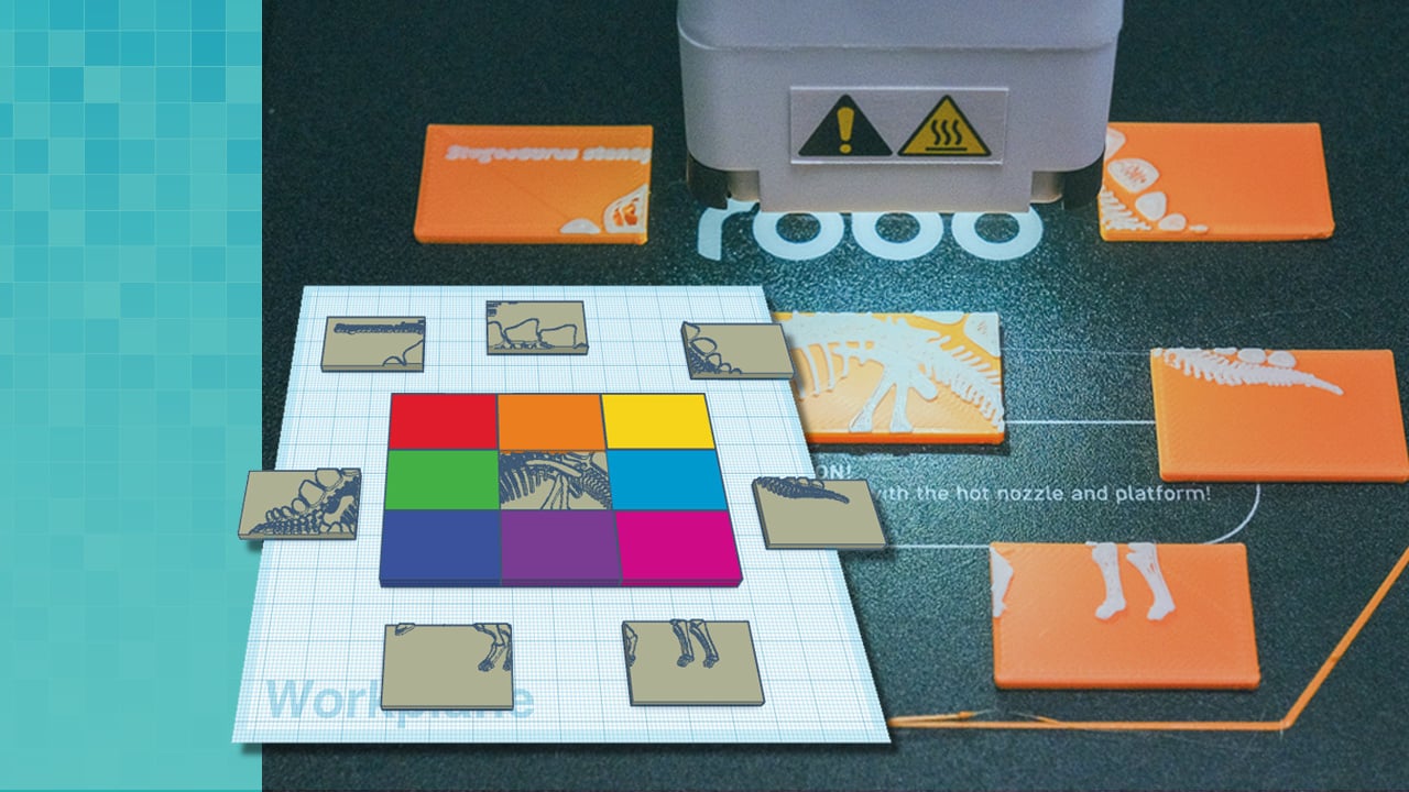 Shown in the box is an image of a stegosaurus design divided into nine squares, found in Tinkercad. The image is overlaid on a close-up view of the Robo E4 3D printer's build plate with the 3D printed pieces of the Stegosaurus puzzle.