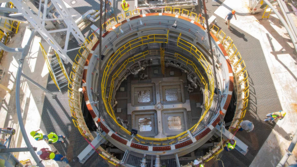 View from above of the SLS interstage section installed in a test center.