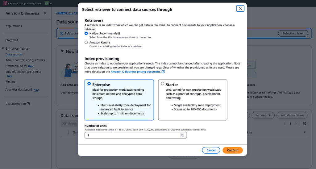 Confirm Q Business Application Retriever and Index Provisioning