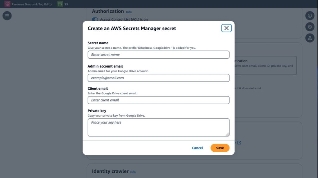 Enter AWS Secrets Client Id and JSON Key