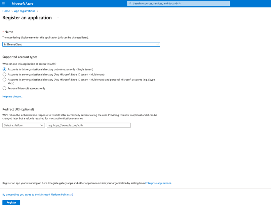 Register Application in Microsoft Azure portal