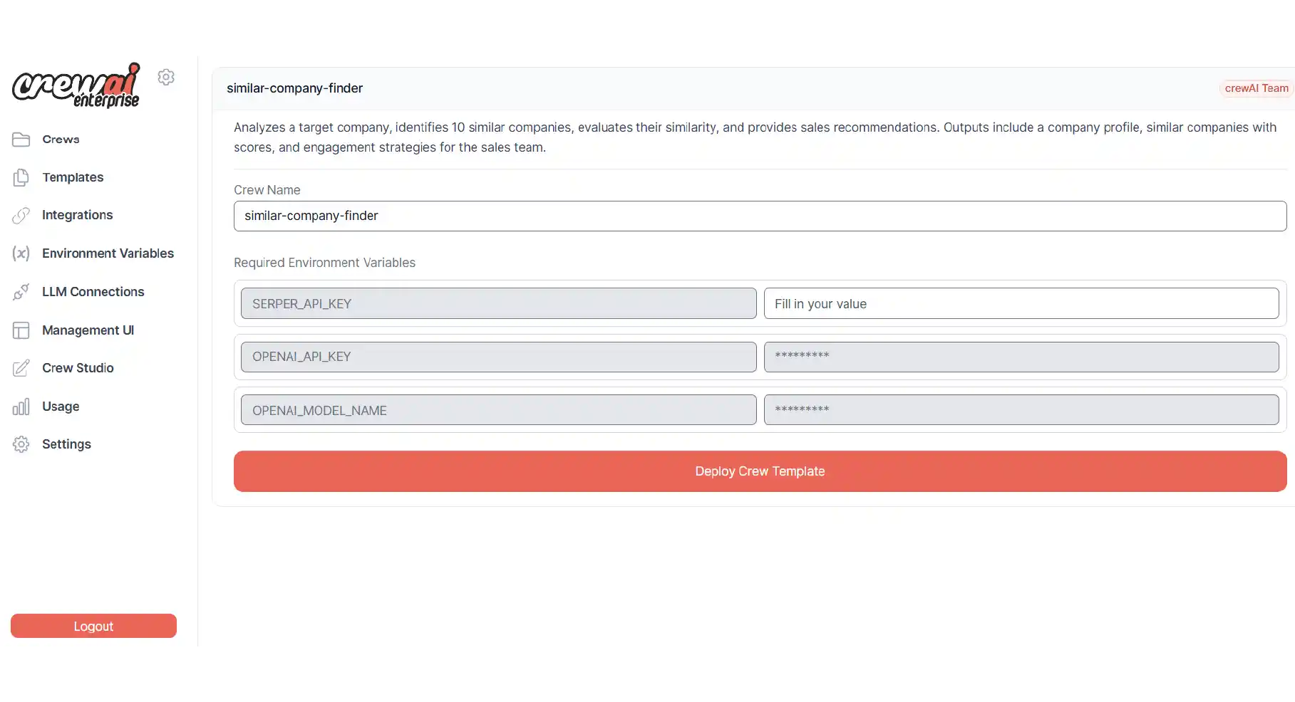   Claves API e implementación de la plantilla Crew