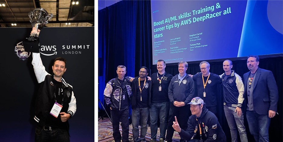 Images 4 and 5: The author lifts the 2022 London Summit trophy (left). DeepRacer community members and the pit crew host an AWS DeepRacer workshop at re:Invent 2023 (right).