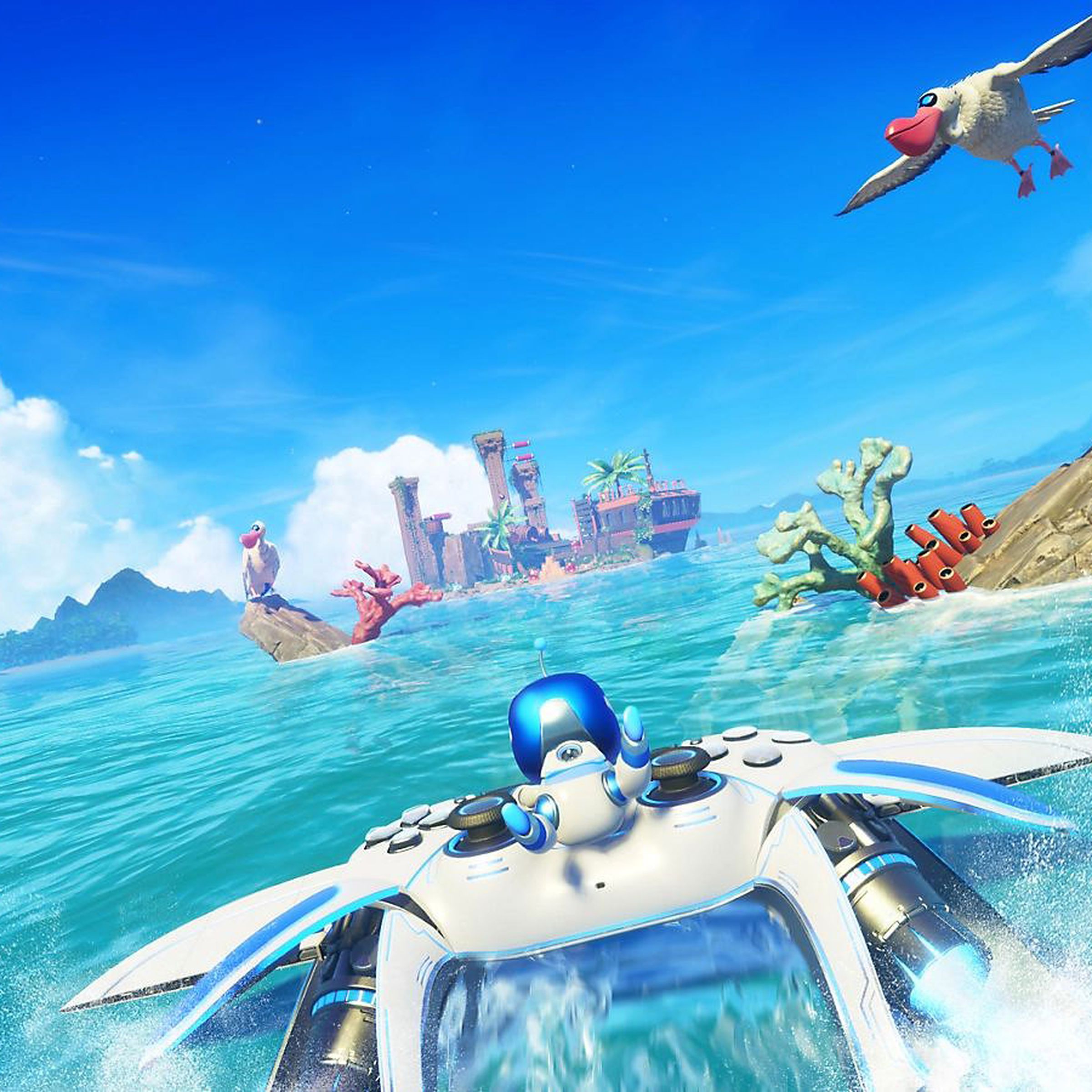 Screenshot from Astro Bot featuring Astro riding a DualSense controller over a gorgeous ocean