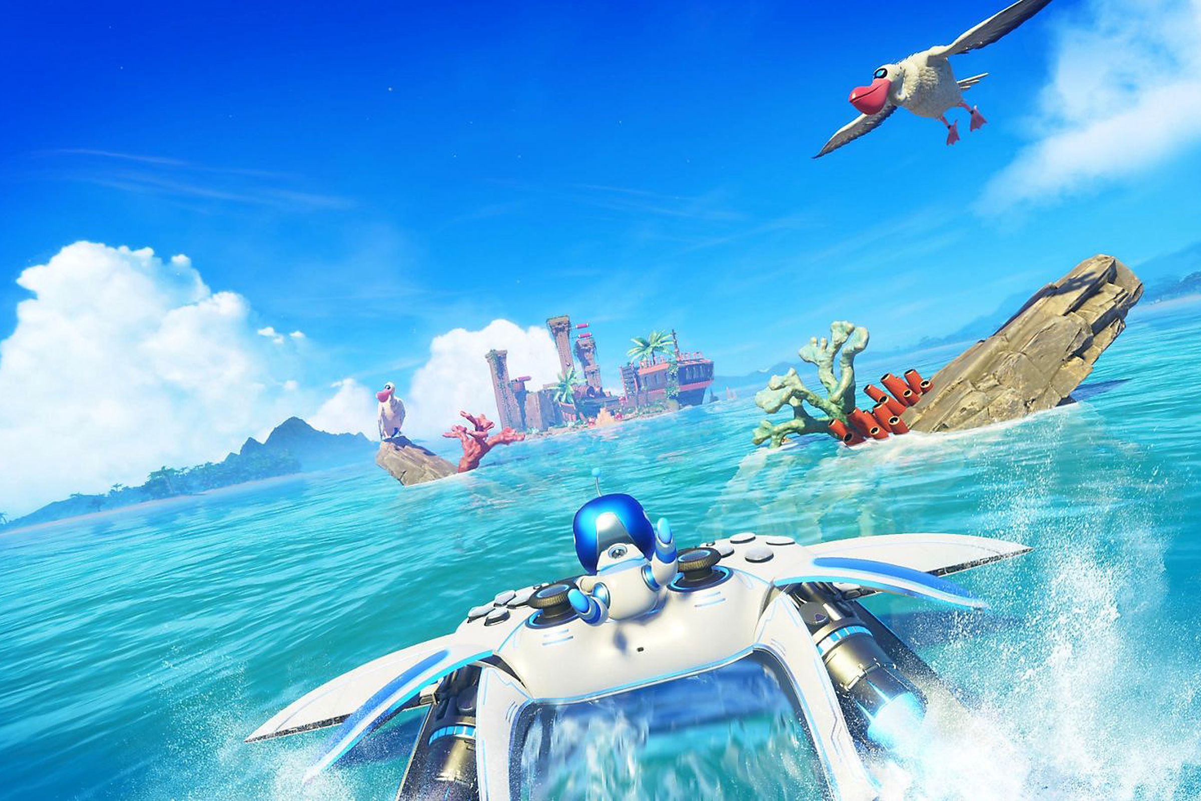 Screenshot from Astro Bot featuring Astro riding a DualSense controller over a gorgeous ocean