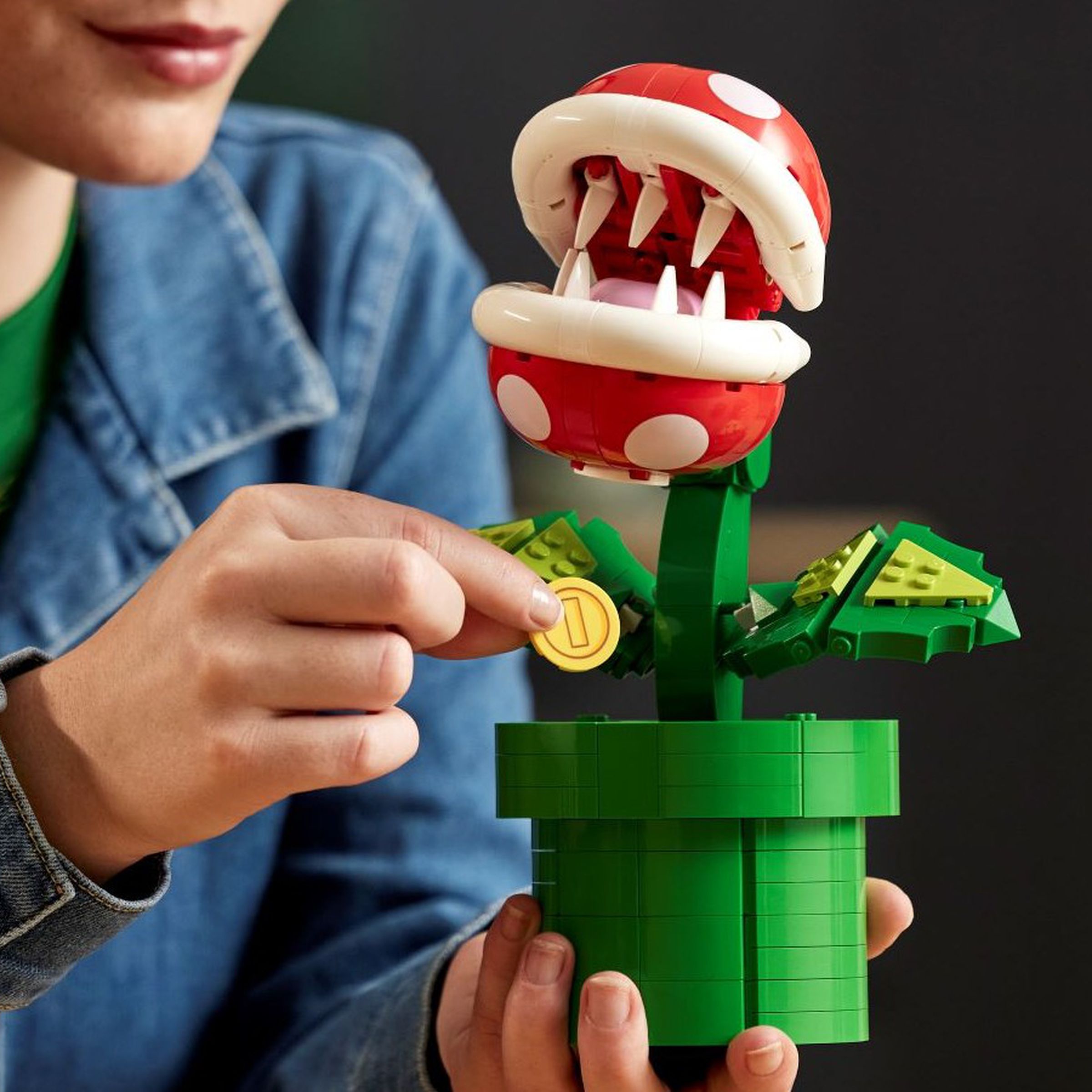 A chomping plant built out of lego bricks, complete with green warp pipe underneath