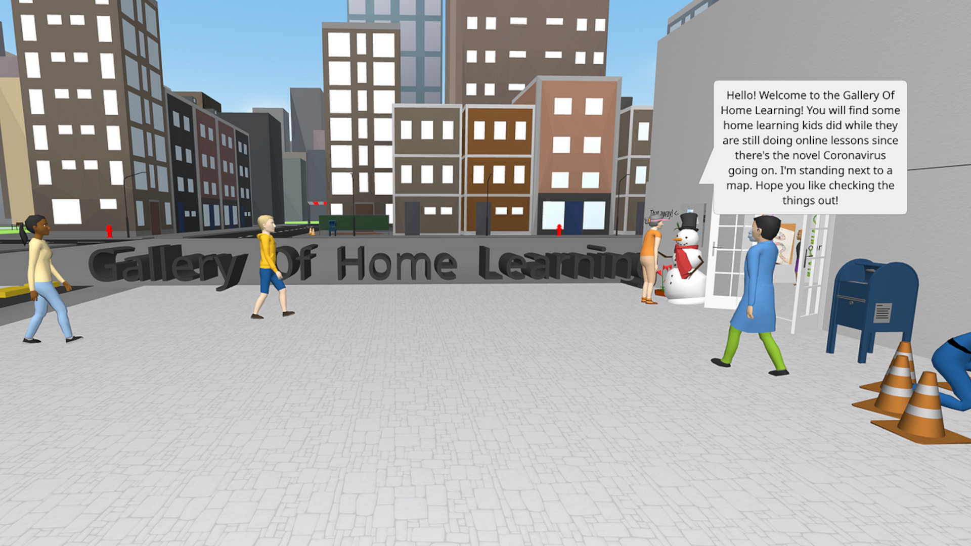 CoSpaces Edu characters walking near the Gallery sign