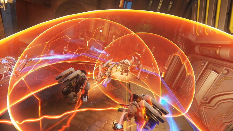 Screenshot from Overwatch 2 showing five versions of Winston and multiple shields deployed.