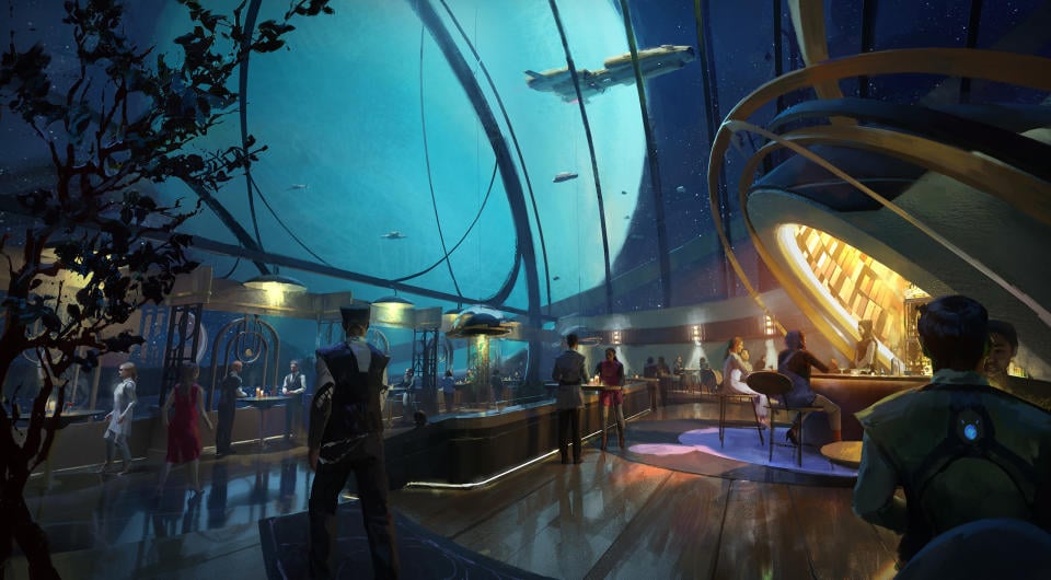 Sci-fi concept art: a bar in space with a domed ceiling showing a ship passing overhead. People mingling.