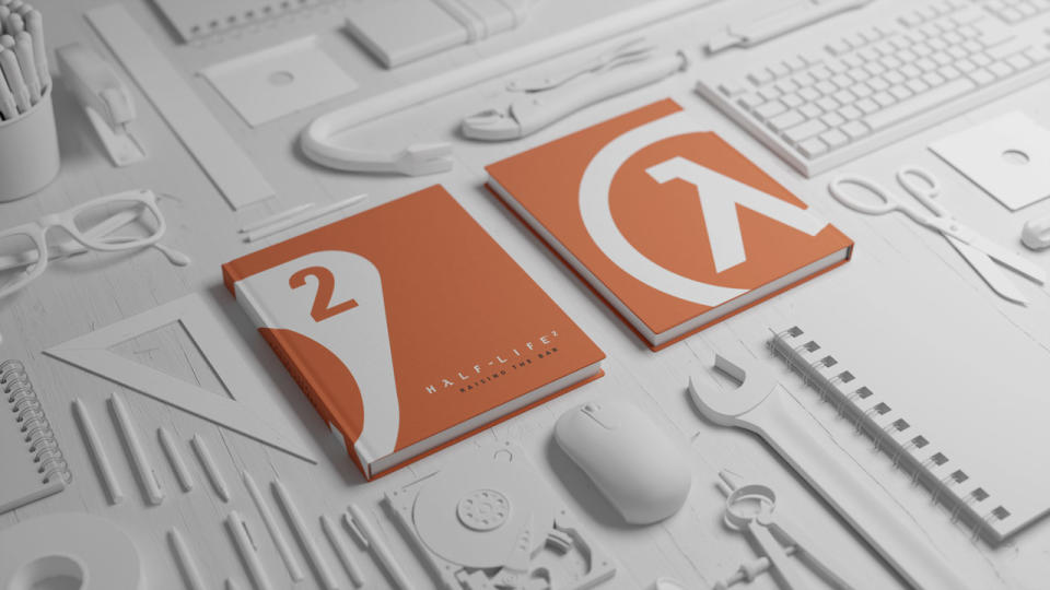 An image of two orange books, side by side, showing the front and back covers of the 2025 second edition of Half-Life 2: Raising the Bar.