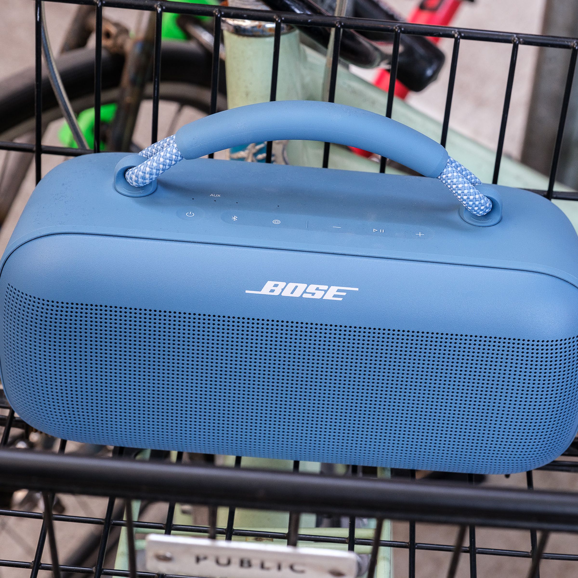 A photo of Bose’s light blue SoundLink Max portable speaker.