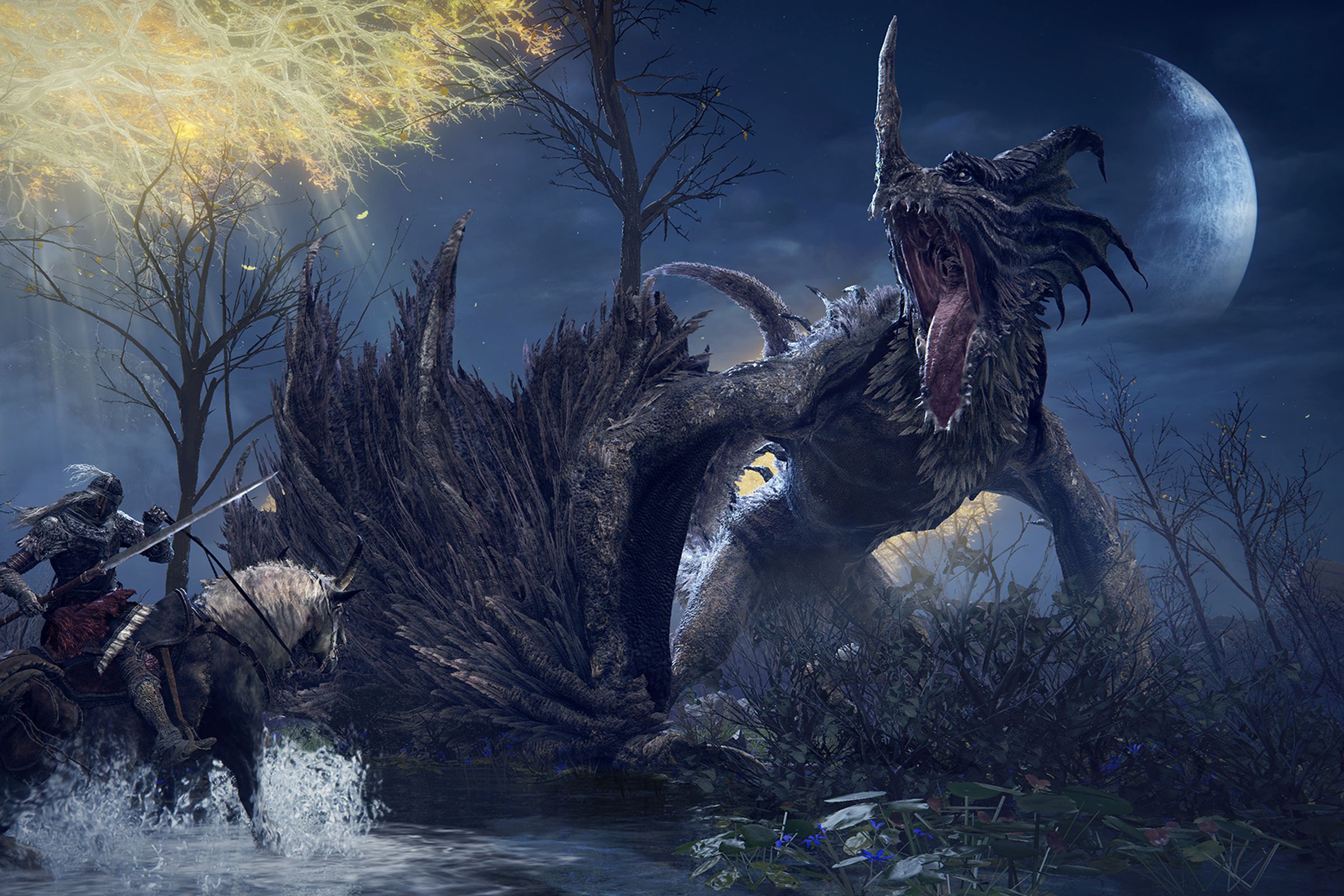 Screenshot pf a character fighting a beast from the Elden Ring game.