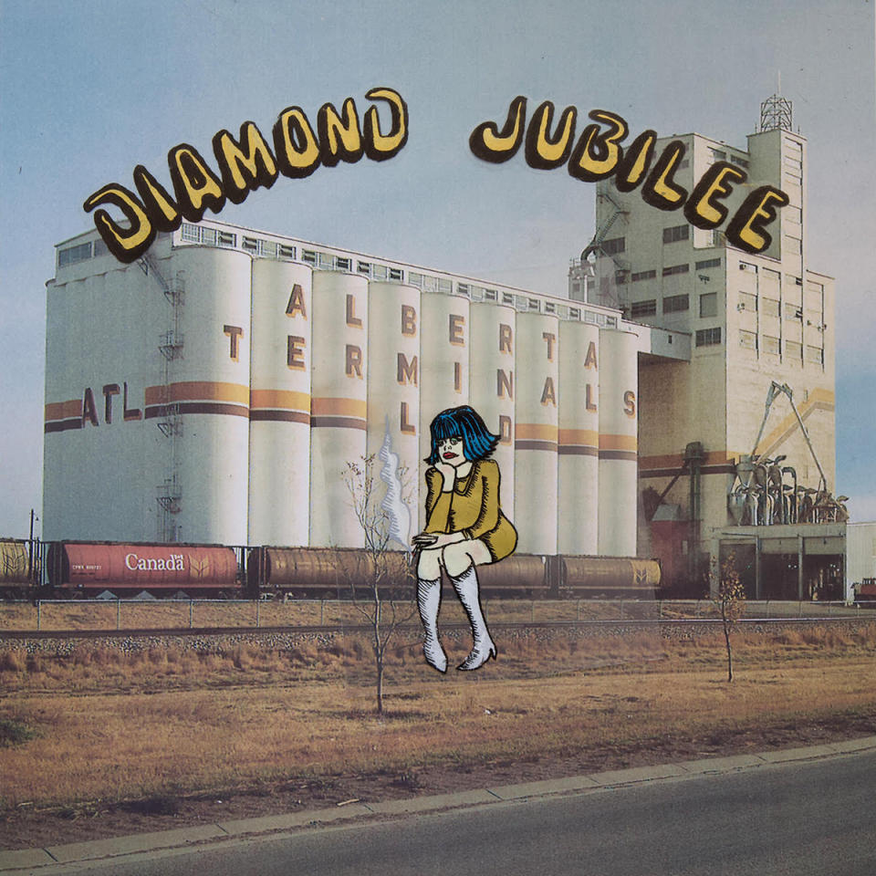 Cindy Lee's Diamond Jubilee album art showing an illustration of a girl in a long-sleeved yellow dress and white boots with blue hair sitting in a thinking position, in front of a real image of Alberta Terminals.