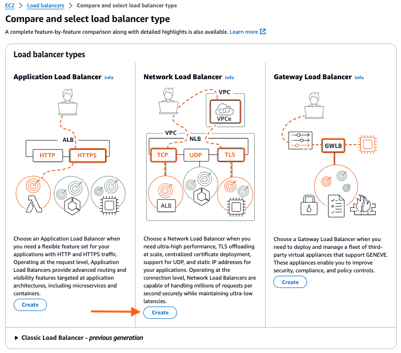 Create load balancer selection dialog