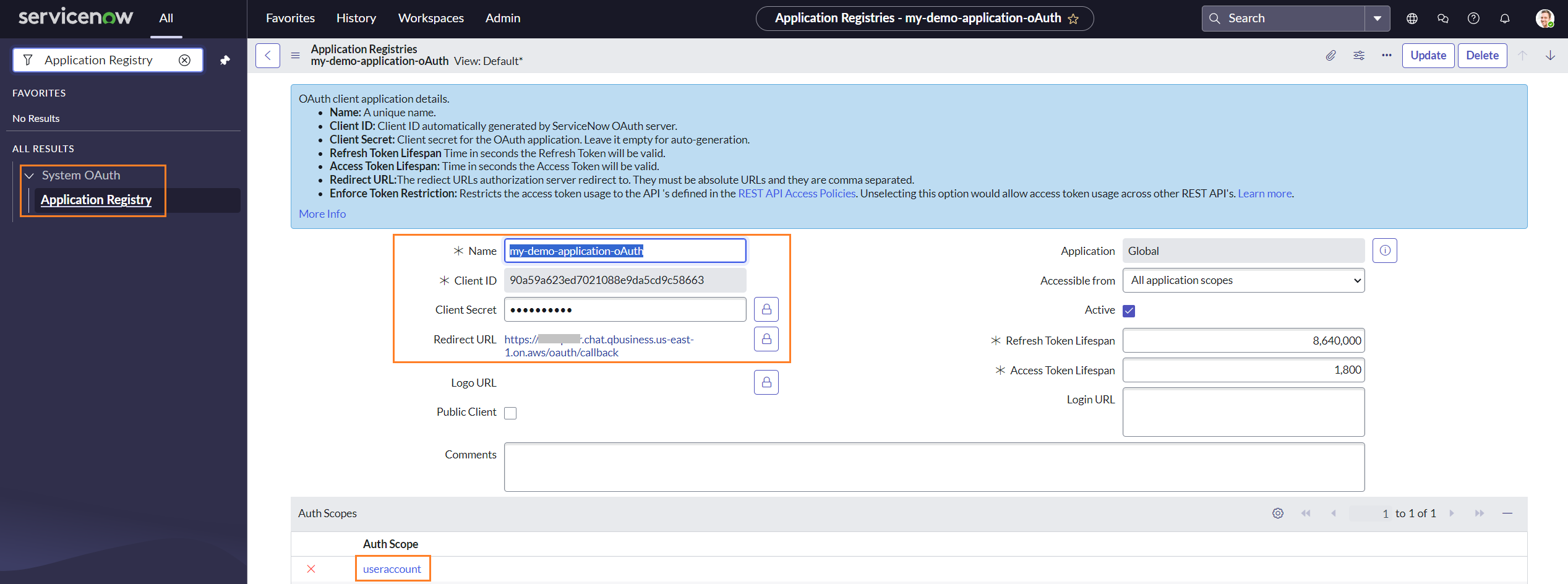 ServiceNow App Registry OAuth