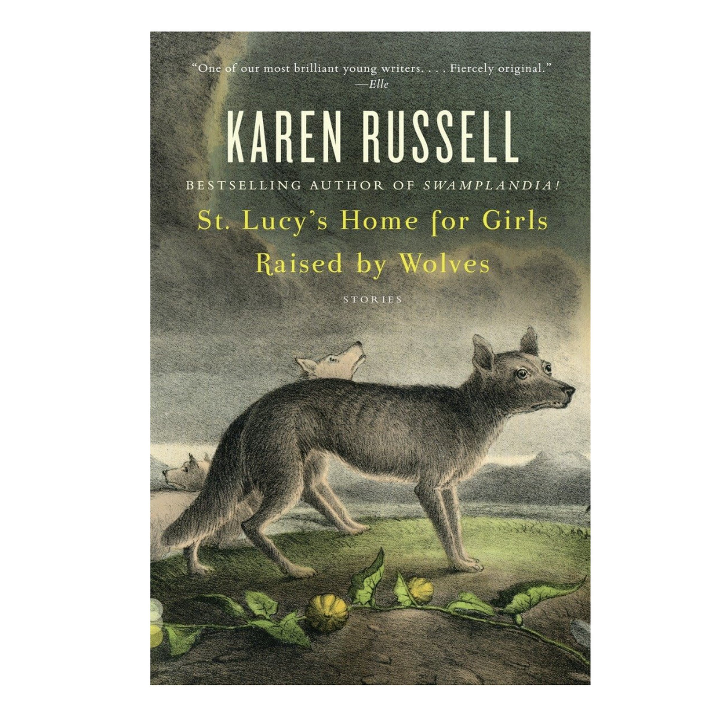 Book cover for St. Lucy’s Home for Girls Raised by Wolves: Stories by Karen Russell showing two wolves on a green lawn