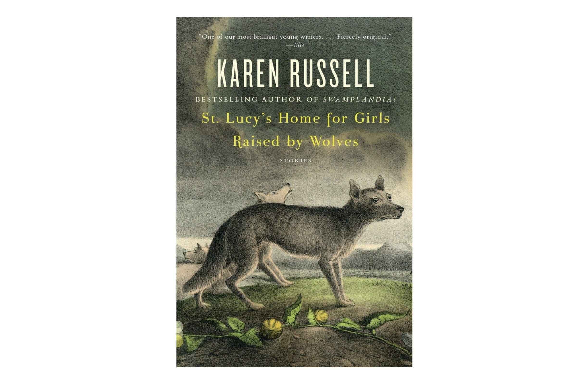 Book cover for St. Lucy’s Home for Girls Raised by Wolves: Stories by Karen Russell showing two wolves on a green lawn