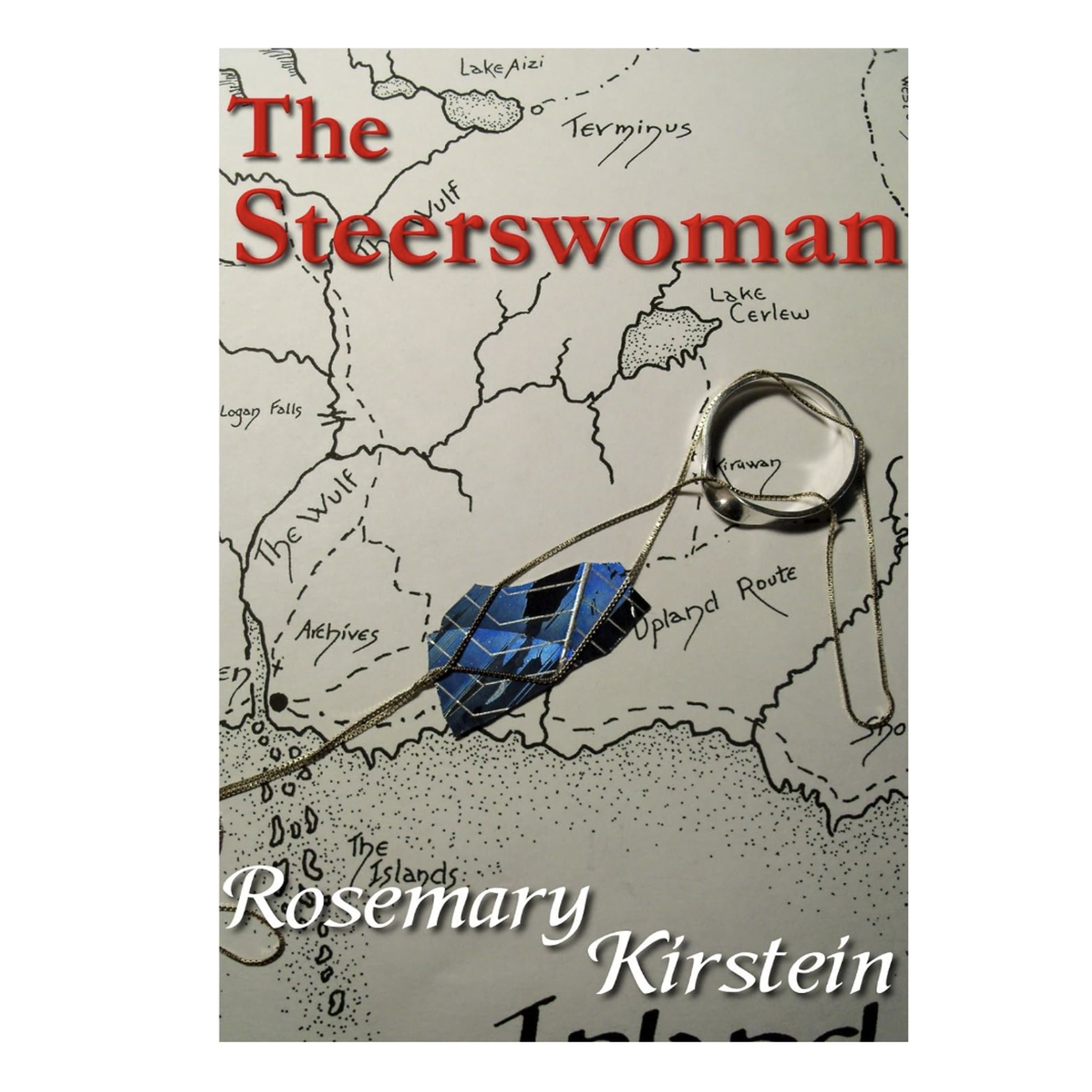 Book cover for The Steerswoman by Rosemary Kirstein showing a ring and a blue piece of material on top of a map