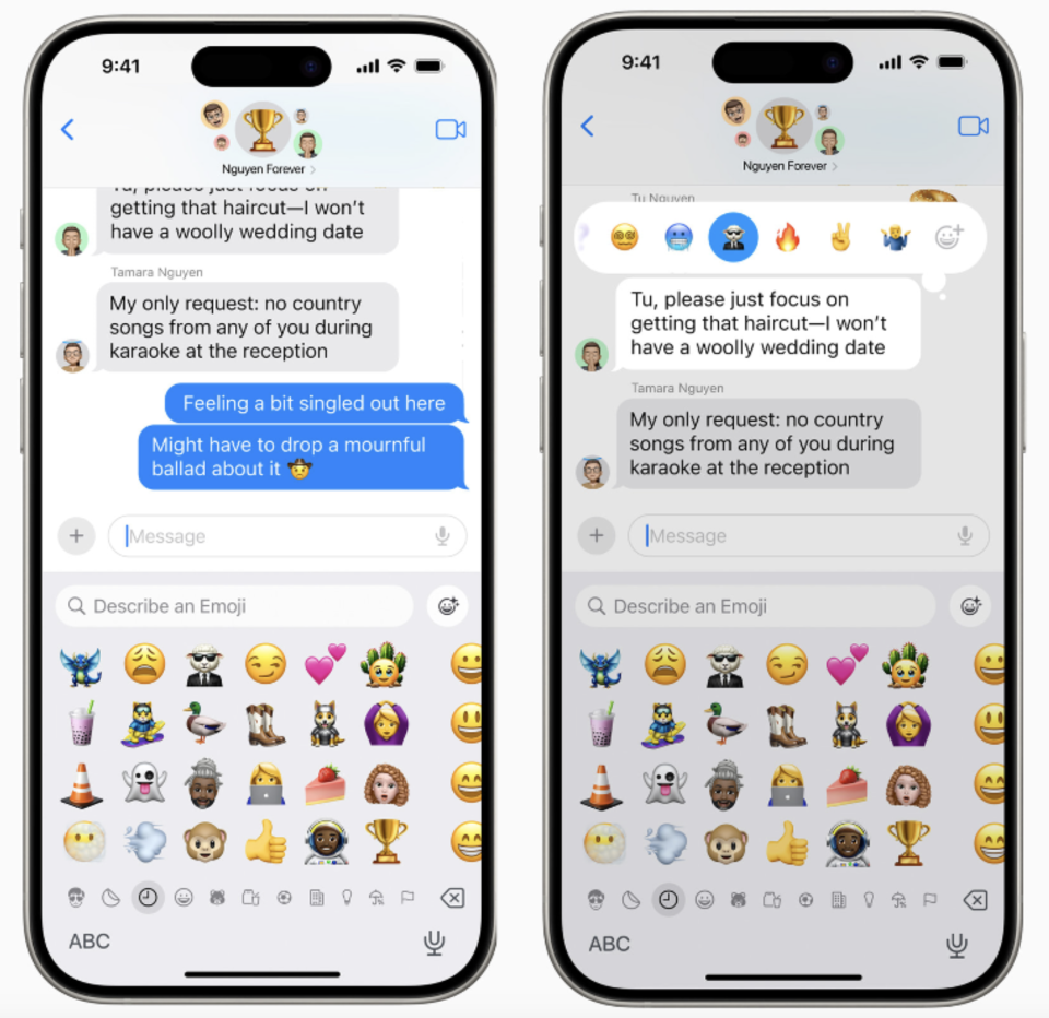 Two iPhones side by side showing a message conversation with the emoji keyboard open