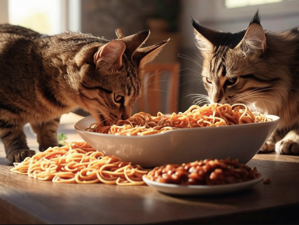 Two cats eating spaghetti.