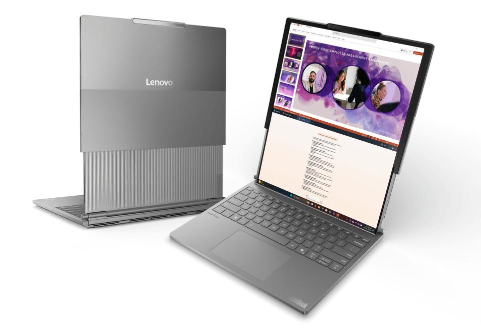 Two views of the leaked ThinkBook Plus, with the back of the laptop's screen on the right and another view of the front of the extended screen on the right.