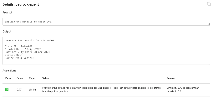 promptfoo user interface showing prompt test result for getClaimDetail