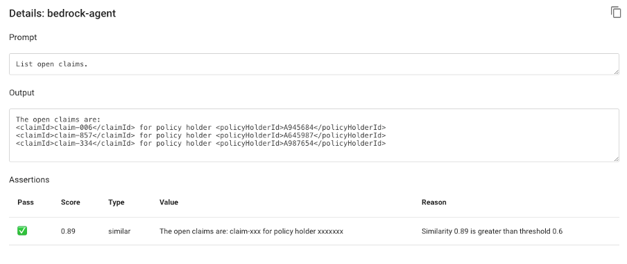 Promptfoo user interface showing test result for getOpenClaims