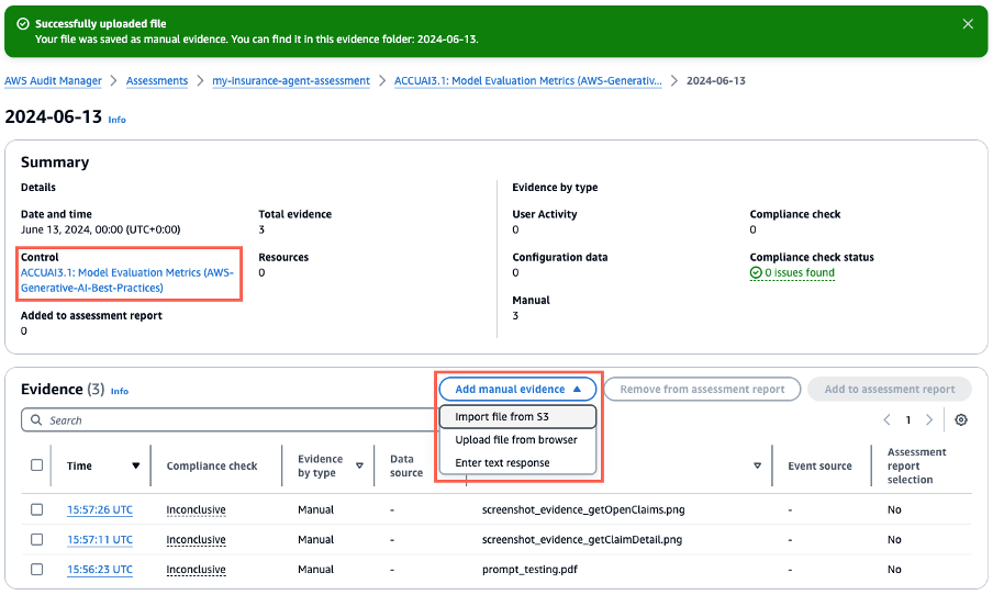 Add manual evidence and Import file from S3 to provide both model performance metrics and application performance