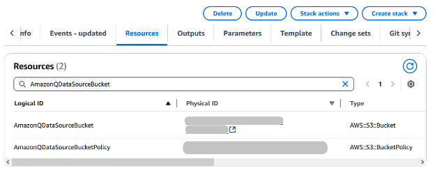 cloud formation resource tab filtered by Qdatasource bucket