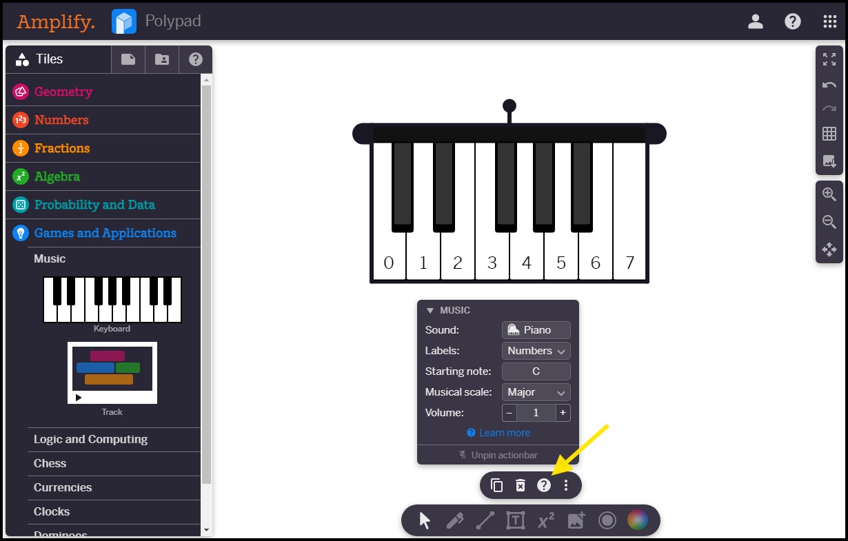 Musical polypad highlighting the help menu.