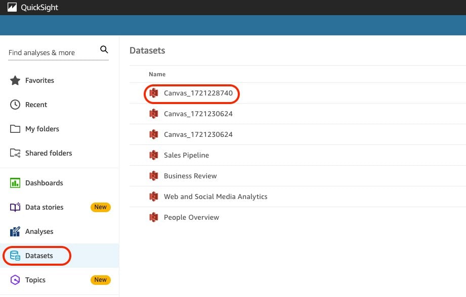 Dataset selection from Quicksight