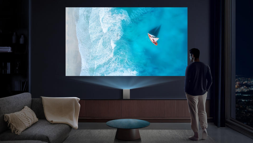 A person standing in front of an image of the beach projected on the wall. 