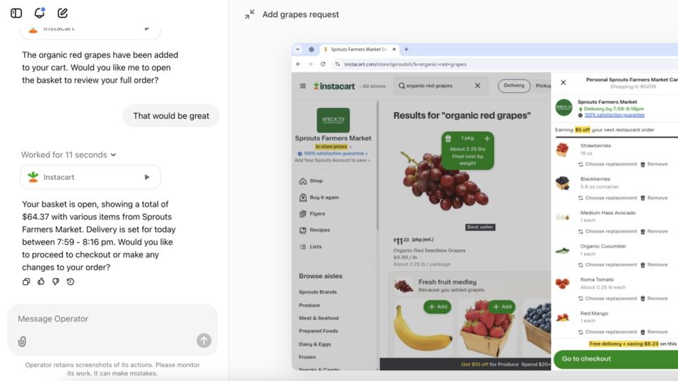 The operator can interact with a variety of websites, including the Instacart ordering platform.  