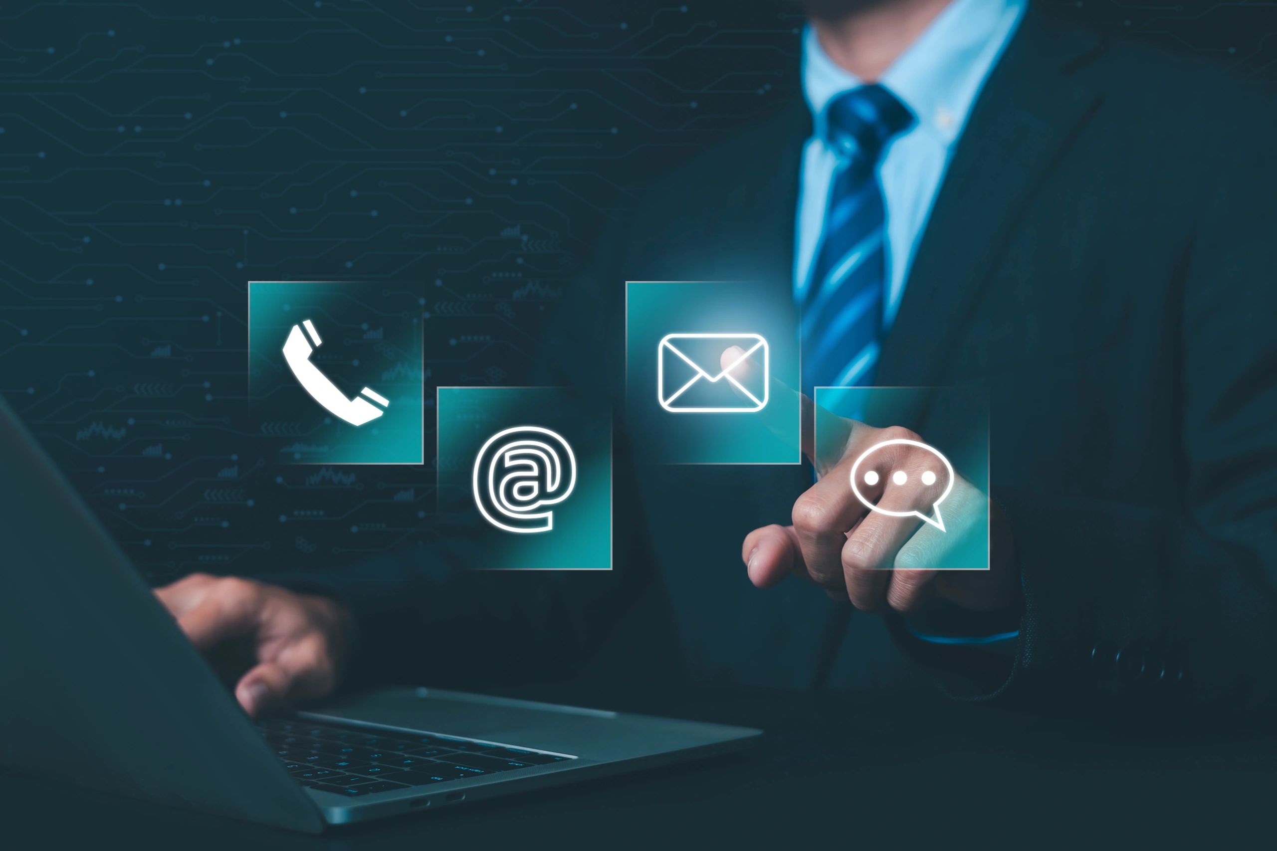 Laptop with digital contact icons representing email and support